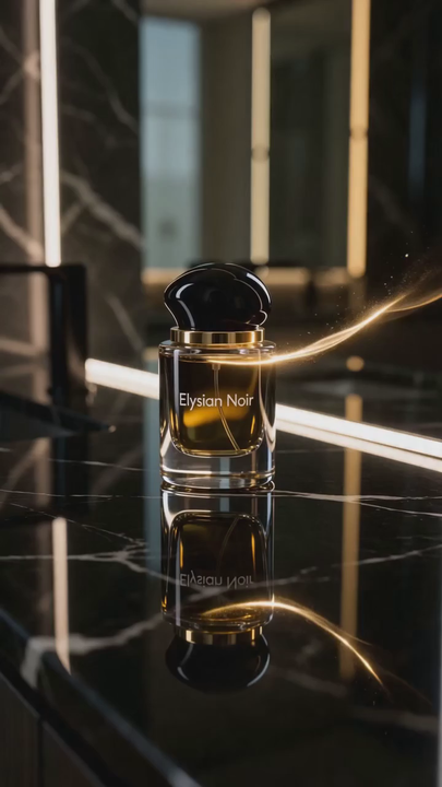 Luxury perfume bottle with a ribbon of golden light