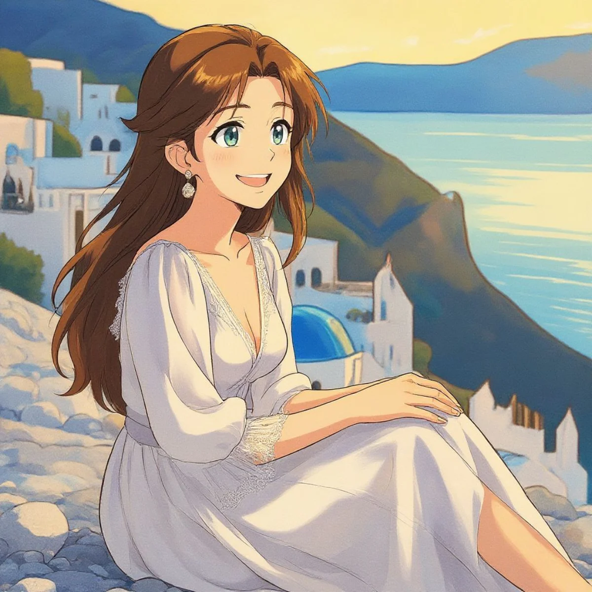 Animated traveler overlooking a sunlit island coast