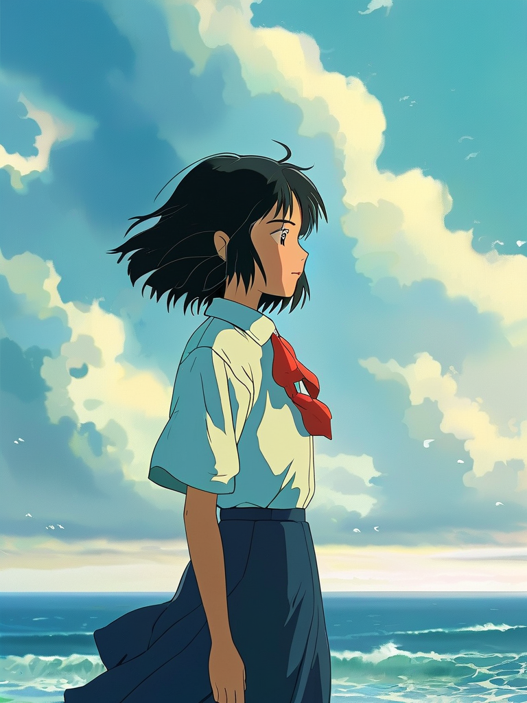 Animated girl standing beside a bright blue sea