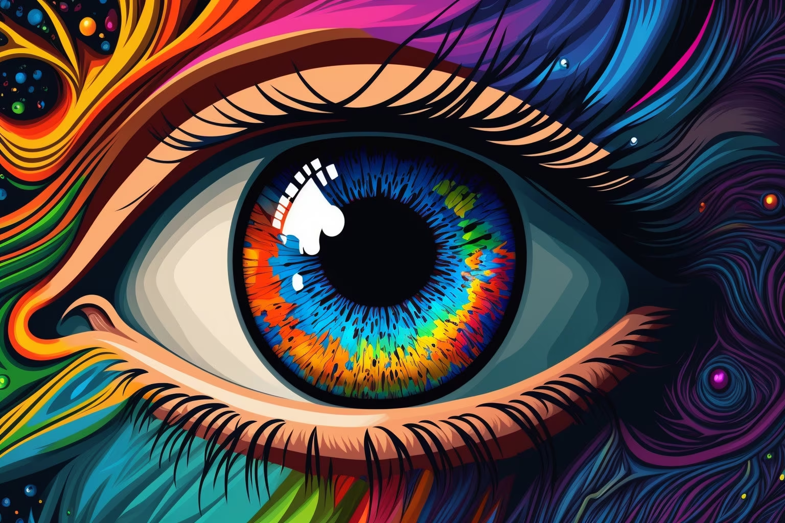 Colorful surreal illustration of a human eye