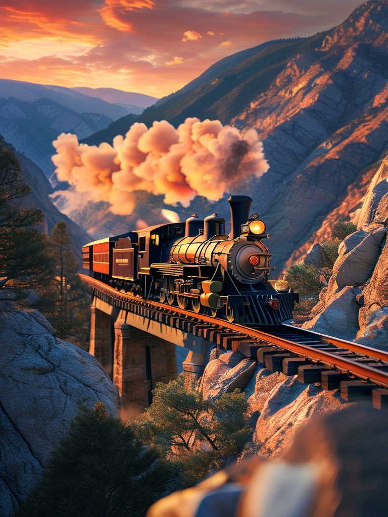Steam train crossing a mountain bridge at sunset