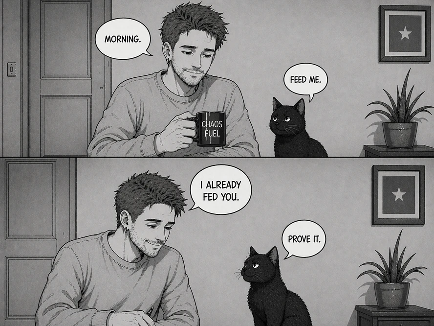 Monochrome comic panels of a man and his cat